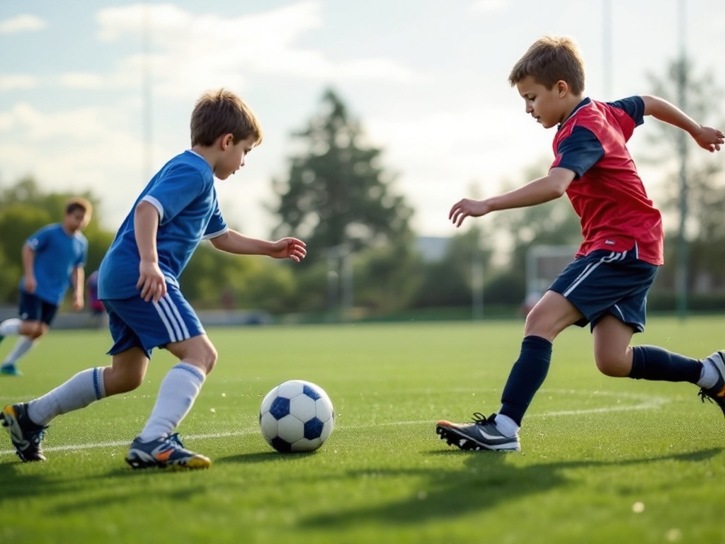 Two boys go for the soccer ball - How long are soccer games for boys